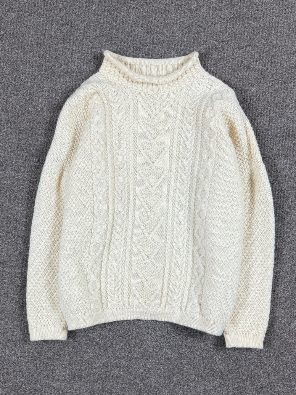 Vintage Cream Roll Neck Long Sleeve Cableknit Fisherman Sweater Women’s L/XL